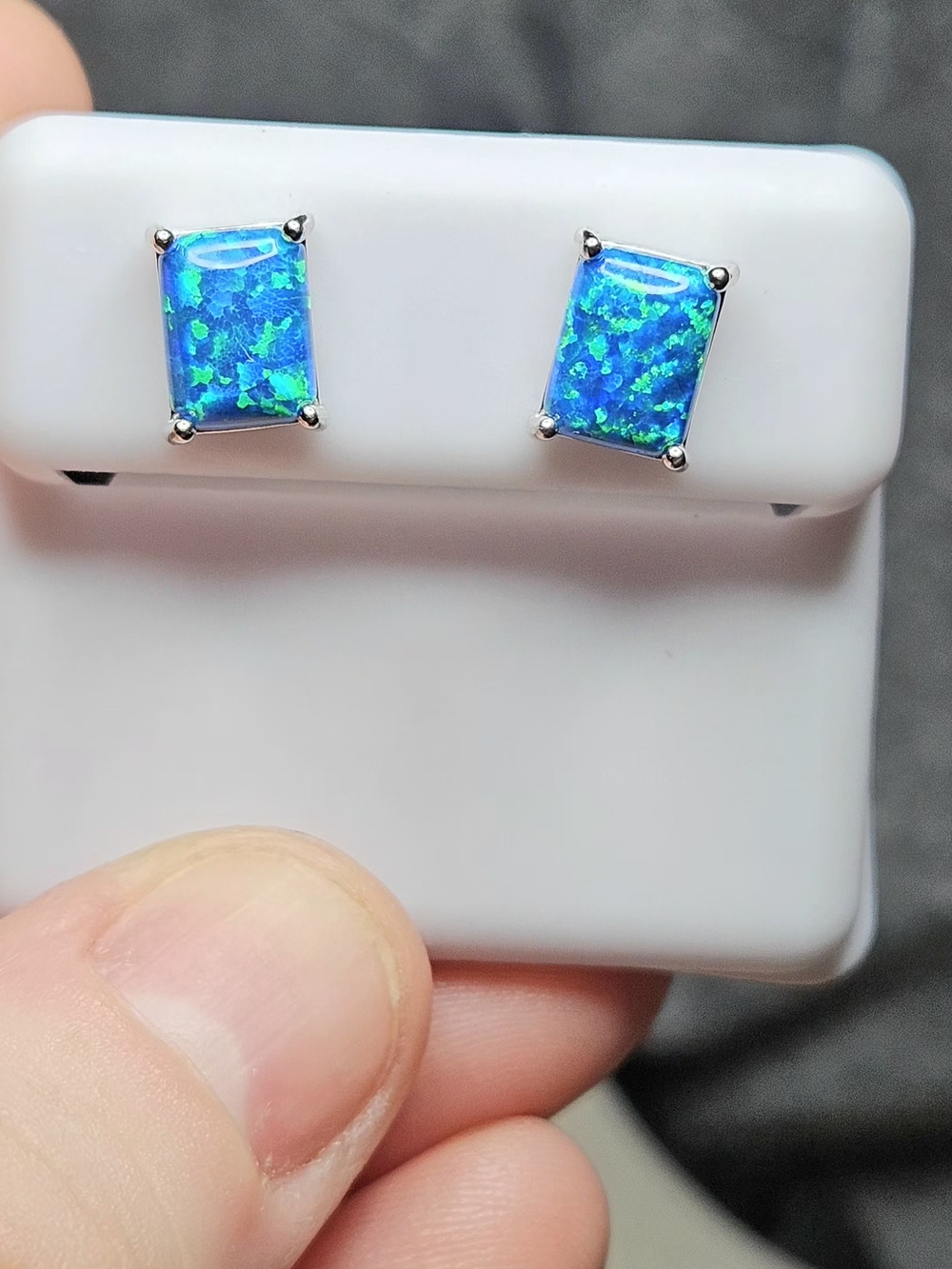 Stunning Sterling Silver Blue-Green Fire Opal Rectangle Stud Earrings – 6x8mm